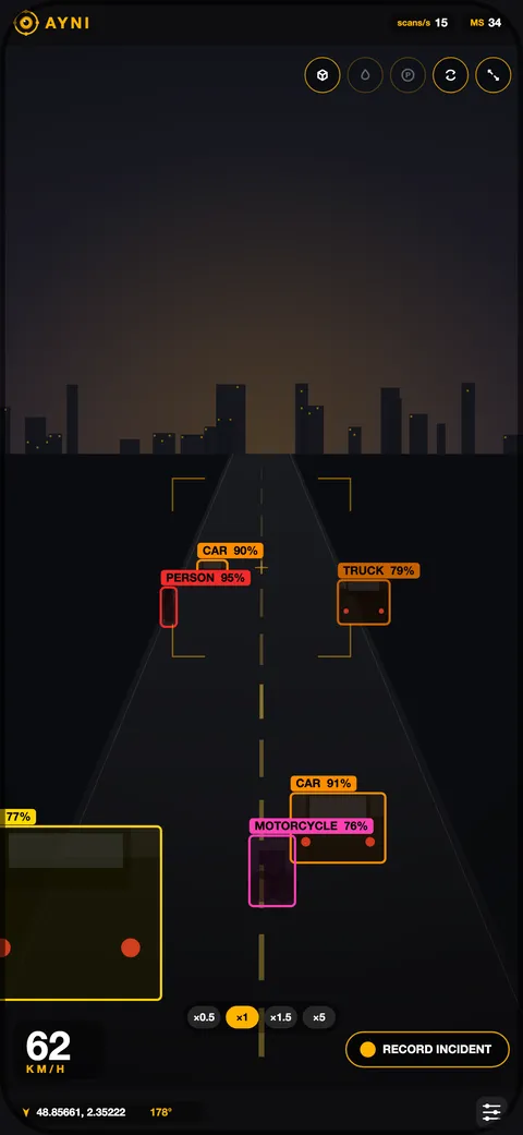 AYNIcam detection view with labelled boxes around a car, a truck, a person and a motorcycle on a night road